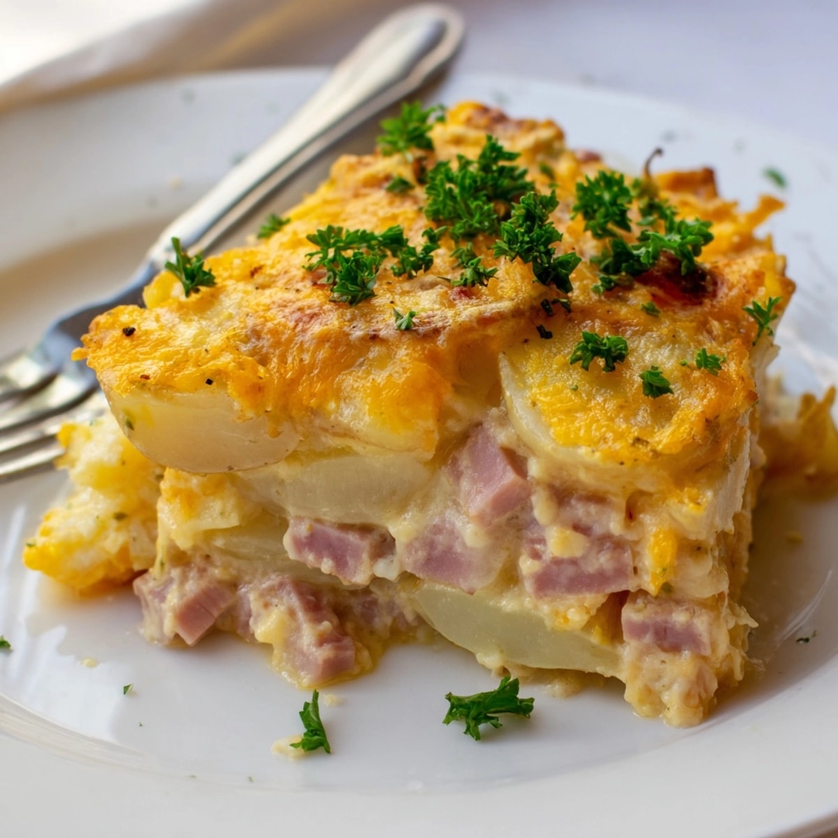 A comforting pan of homemade Cheesy Potato and Ham Casserole, perfect for family dinner.