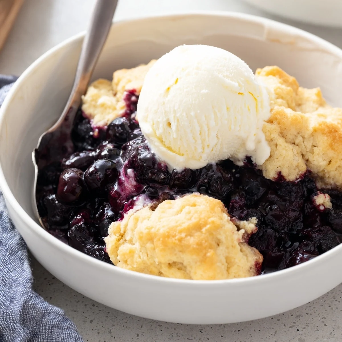 Warm blueberry cobbler topped with golden biscuits and served with vanilla ice cream.