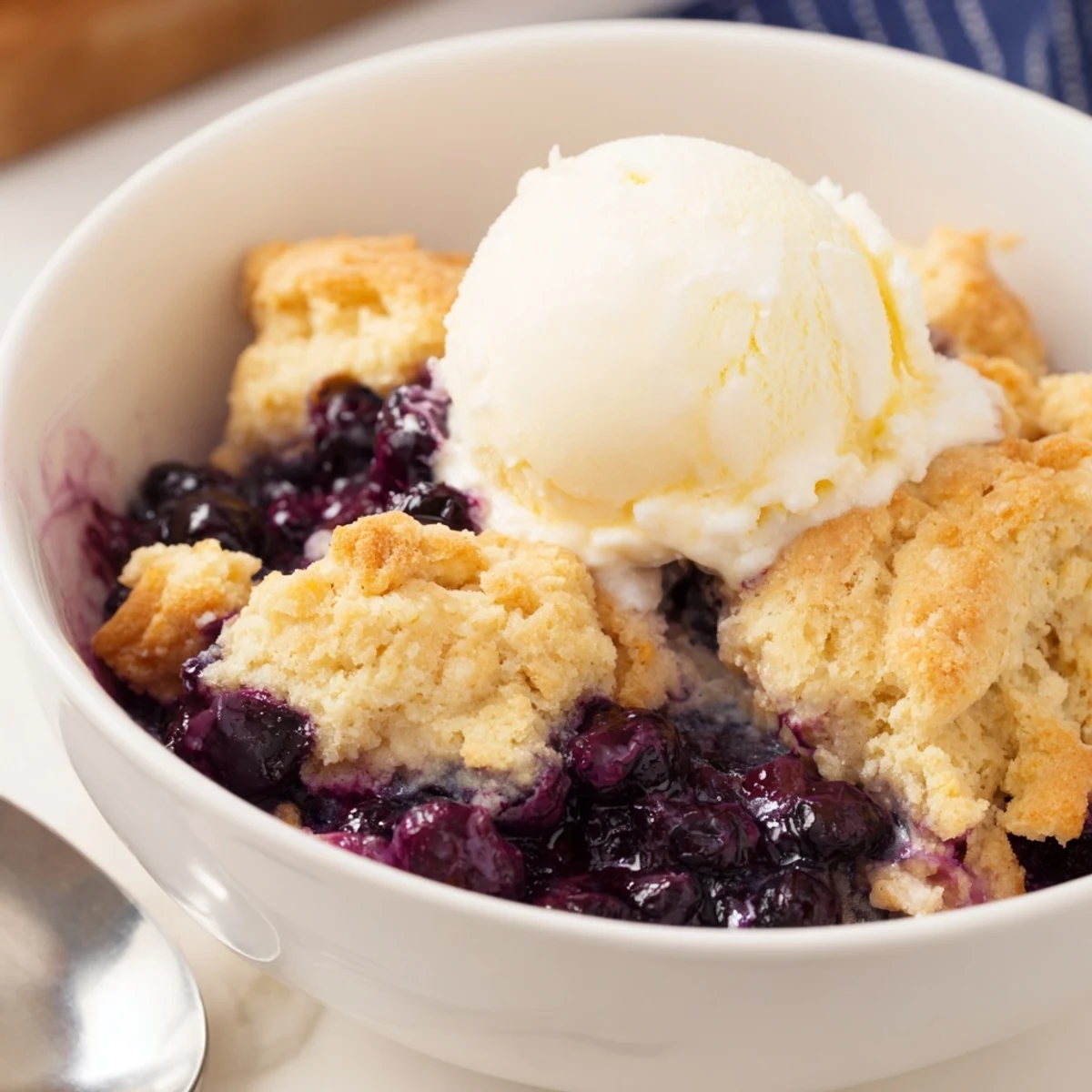 Fresh blueberries bubbling underneath a flaky, buttery biscuit crust in warm cobbler.