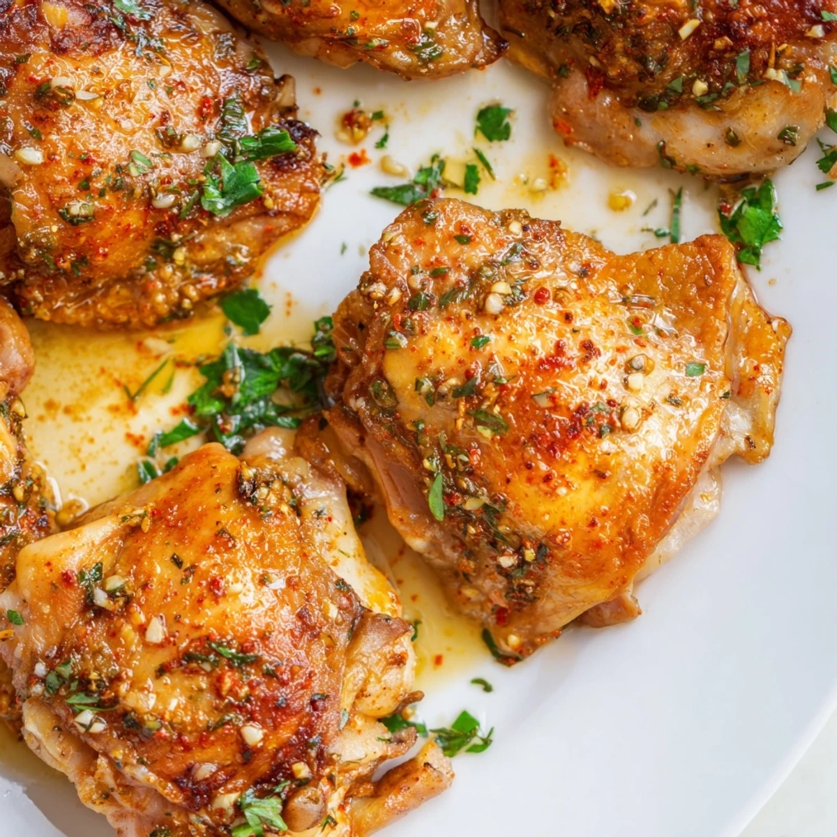 Juicy garlic butter baked chicken thighs topped with fresh parsley and lemon wedges.  