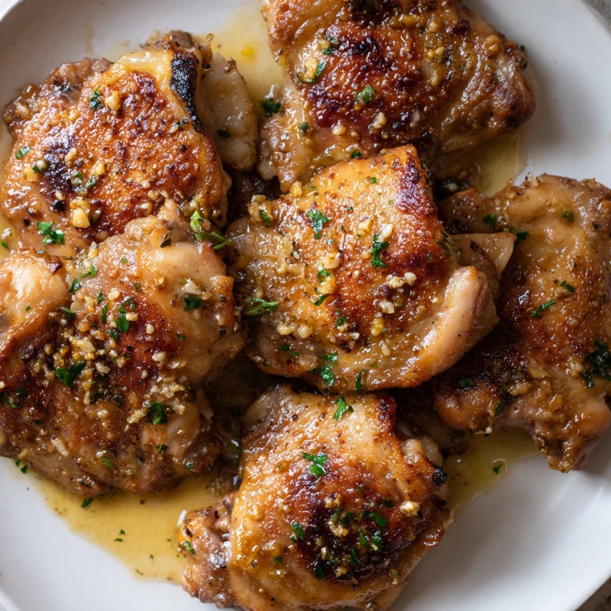 Golden, crispy chicken thighs in rich garlic butter sauce, ready to serve.  