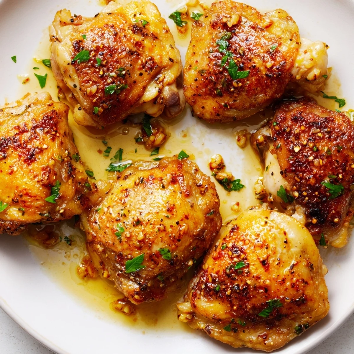 Irresistible baked chicken thighs drizzled in garlic butter and sprinkled with herbs.