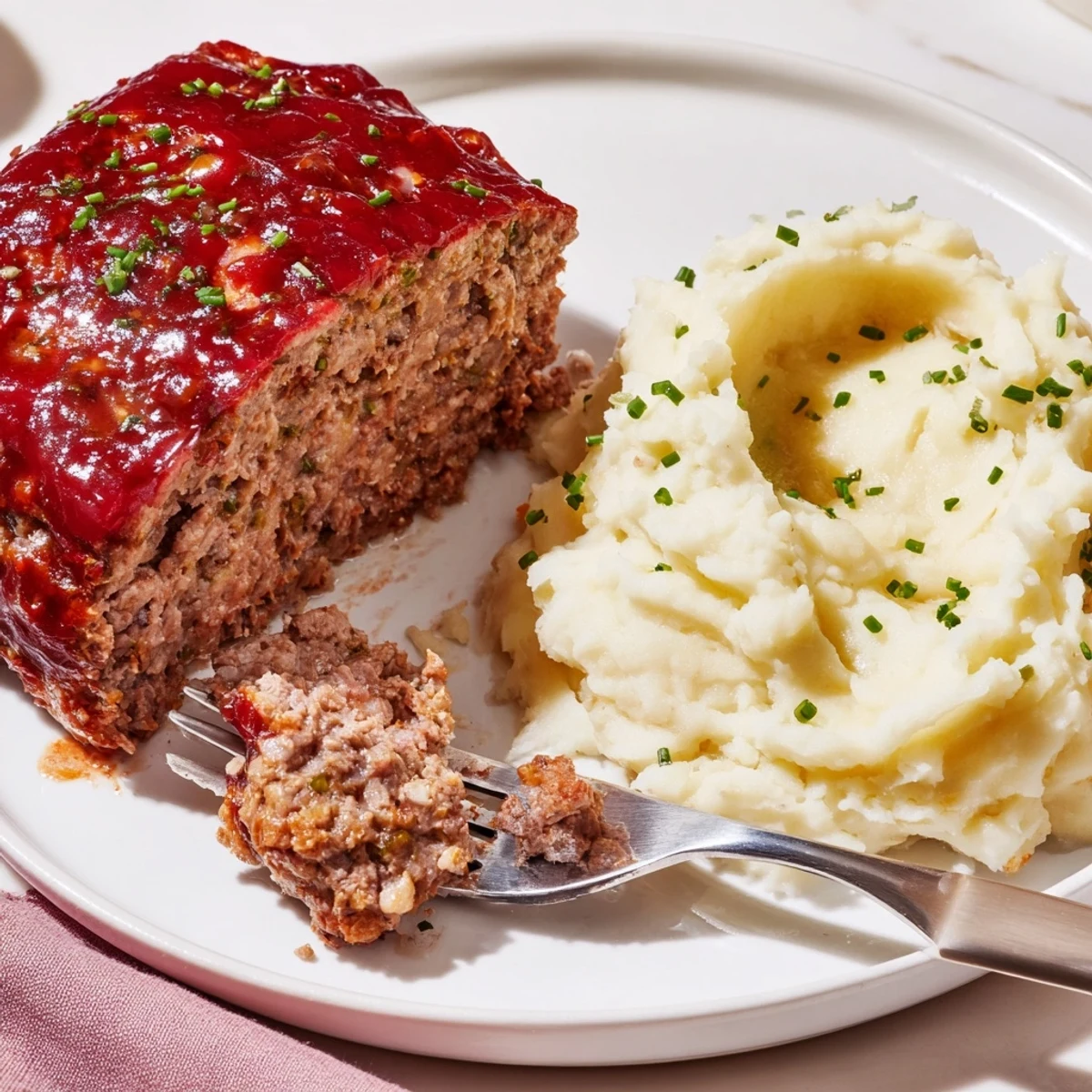 Classic Meatloaf with Mashed Potatoes surrounded by a rich, savory glaze and fluffy side.  