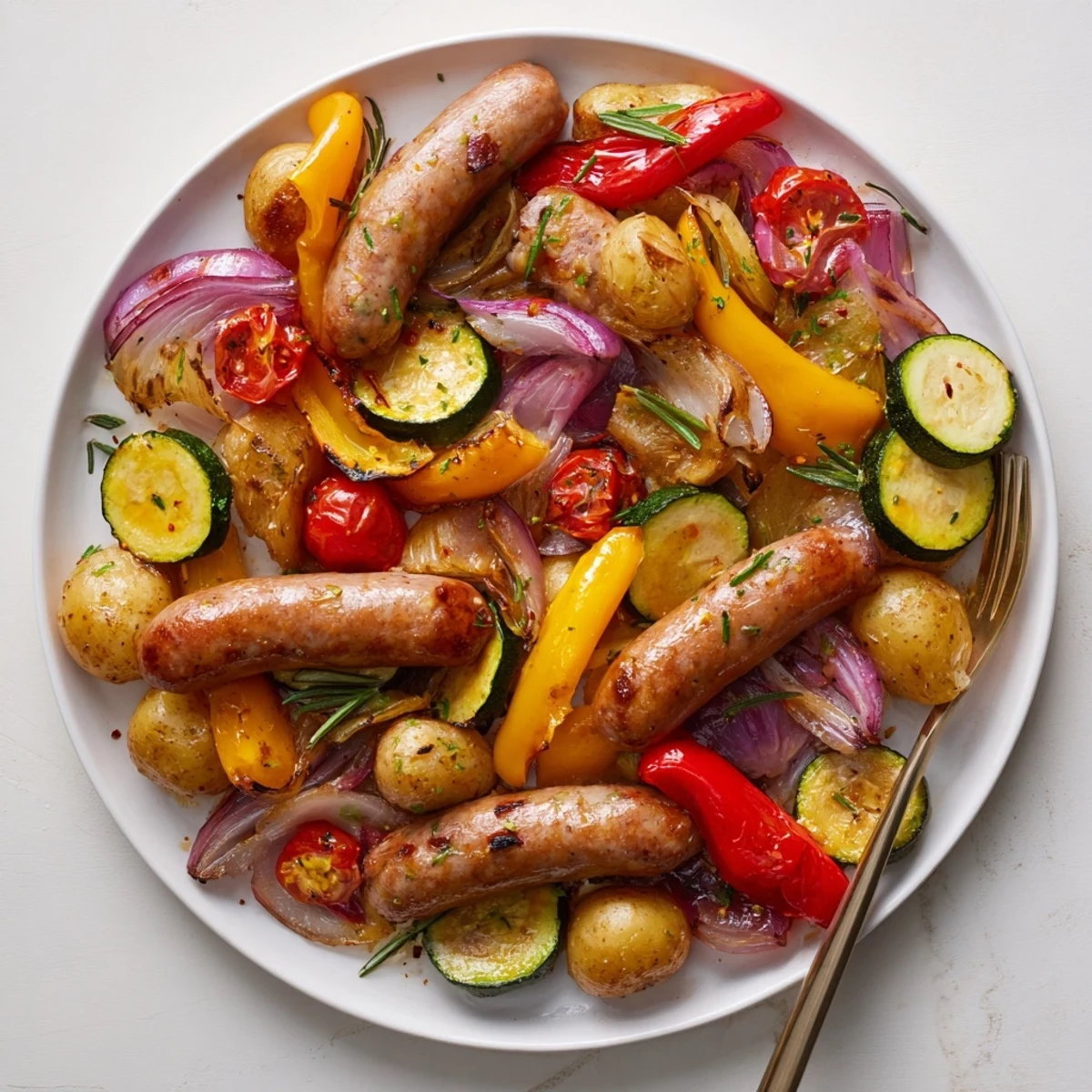 Savor the flavor of One-Pan Sausage and Veggie Bake, served hot with herbs.