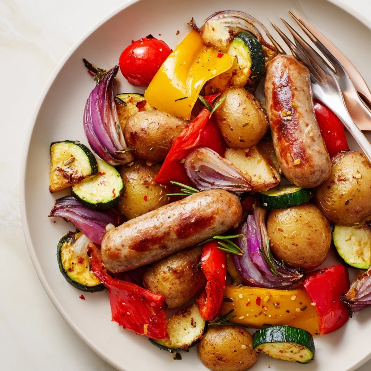 Juicy One-Pan Sausage and Veggie Bake surrounded by vibrant bell peppers and herbs.  