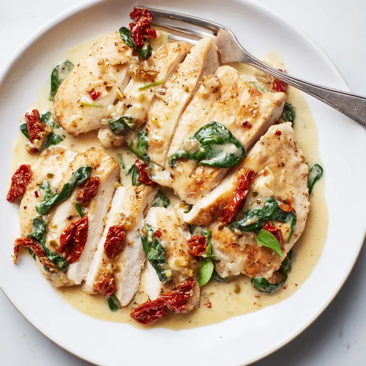 Succulent One-Pan Creamy Tuscan Chicken garnished with fresh basil and melted parmesan.  