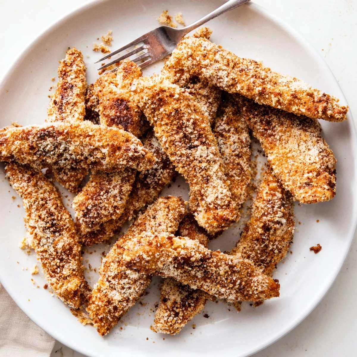Baked crispy chicken tenders on a plate, ideal for a family-friendly meal night.