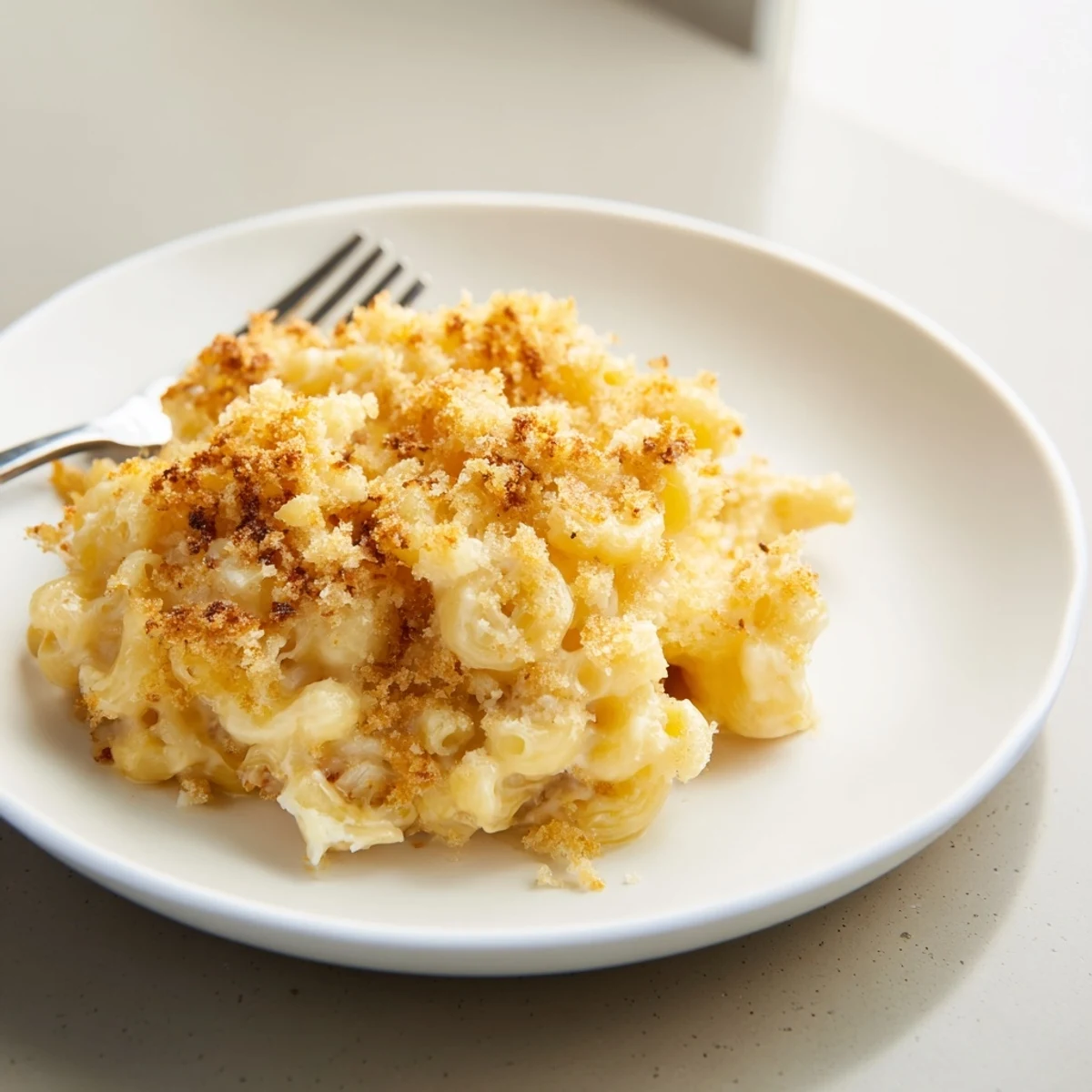 Creamy Baked Macaroni and Cheese with golden, crispy panko topping and melted cheese.  