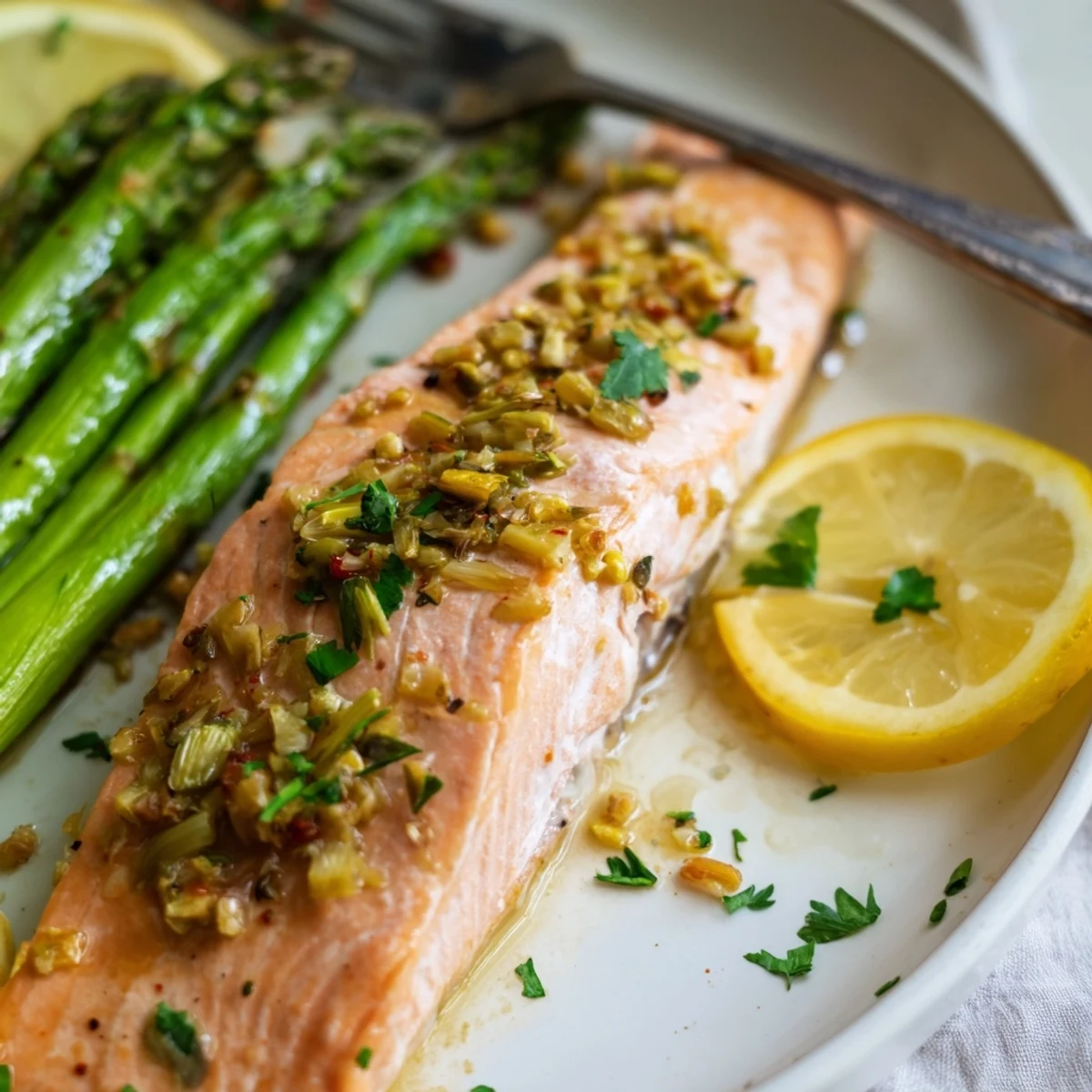 Succulent sheet pan lemon garlic salmon with asparagus, drizzled in zesty sauce.