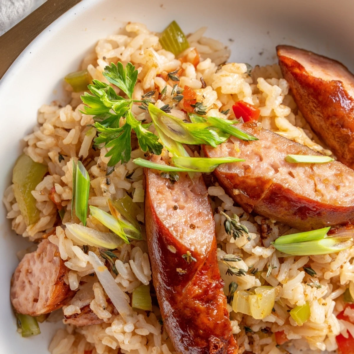 A delicious One-Pot Cajun Sausage and Rice dish with vibrant colors and rich flavors.  