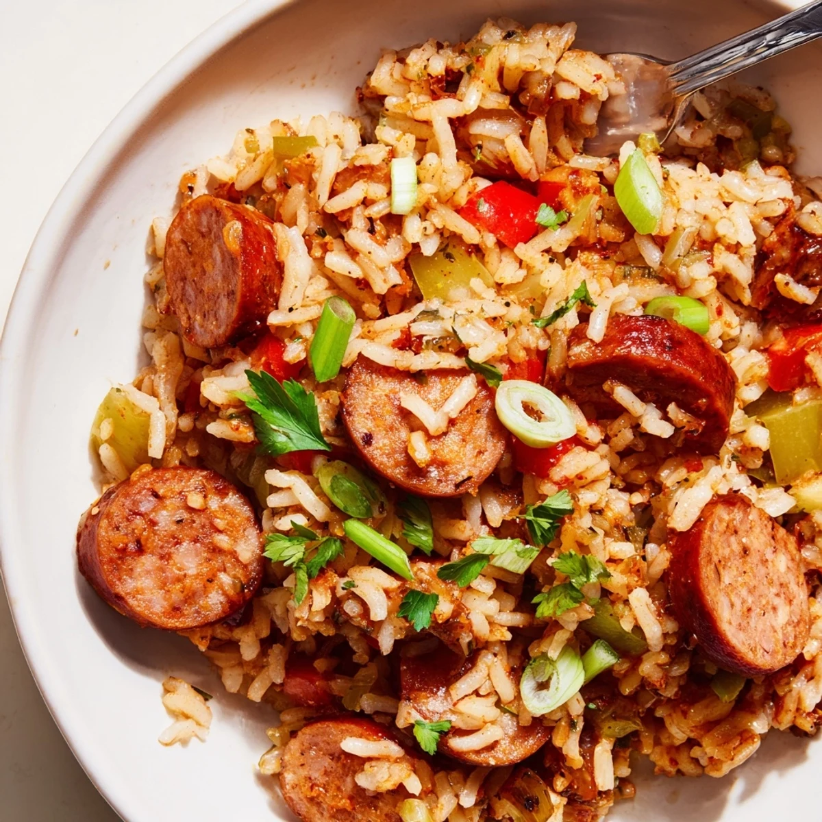 Hearty One-Pot Cajun Sausage and Rice, garnished with fresh parsley and green onions.  