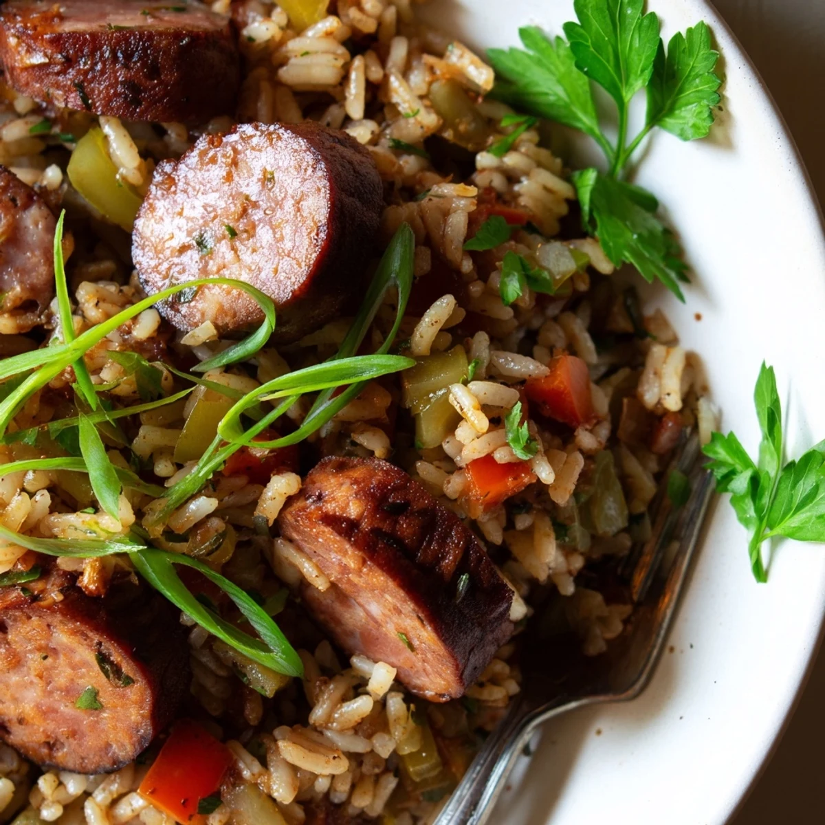 Savor the smoky taste of One-Pot Cajun Sausage and Rice served hot on a plate.