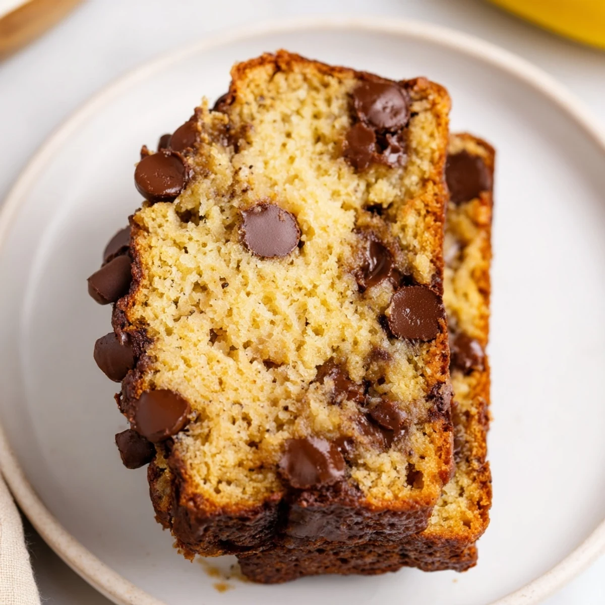 Moist chocolate chip banana bread slices topped with melted chocolate, perfect for snacks.  