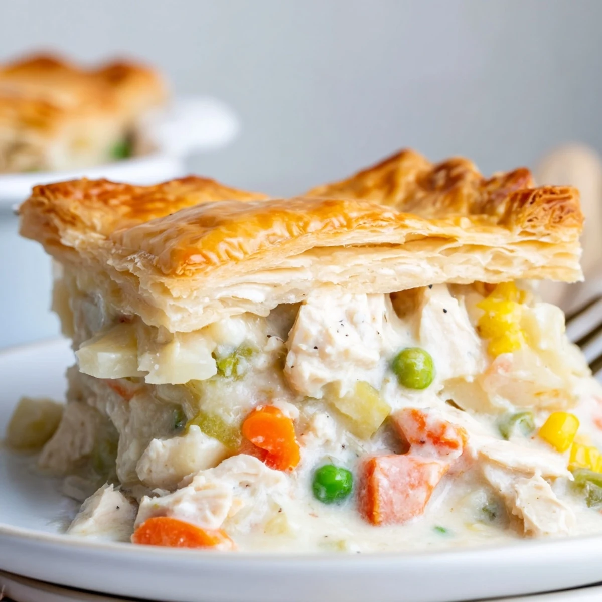 Golden-brown classic chicken pot pie with a creamy filling and vibrant vegetables.  