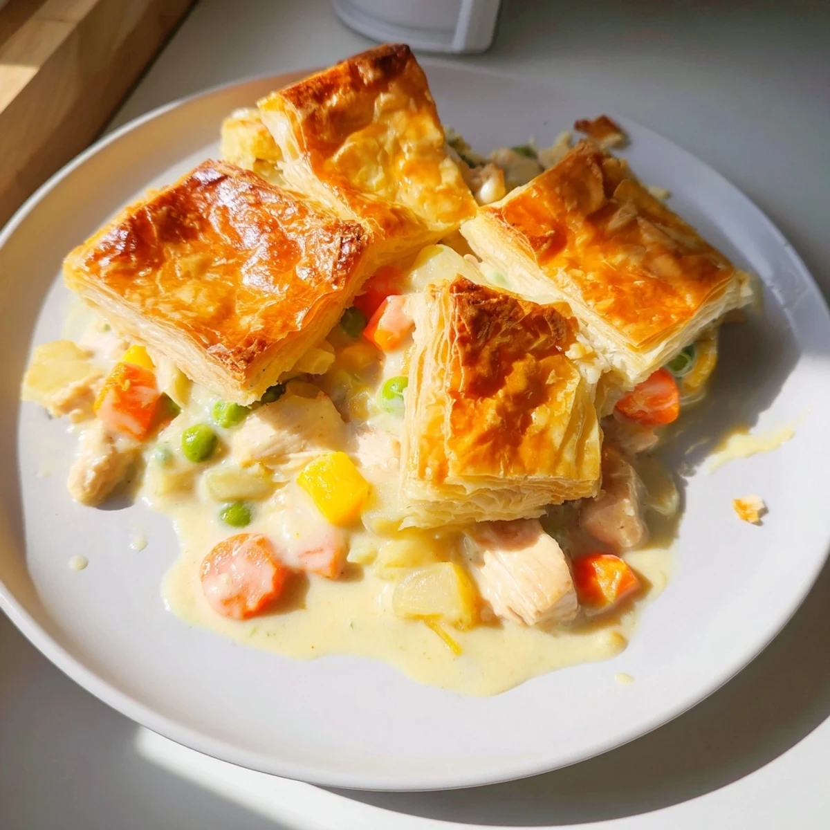 Delicious classic chicken pot pie topped with flaky crust, perfect for family dinners.  