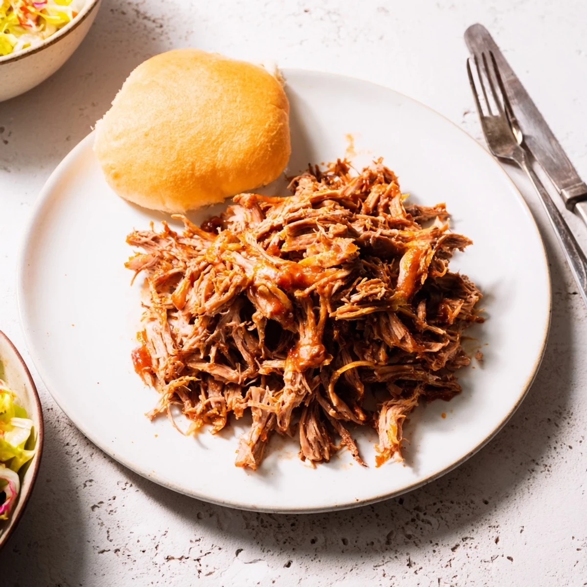 Tender Slow Cooker BBQ Pulled Pork drizzled with smoky sauce and served on soft buns.  