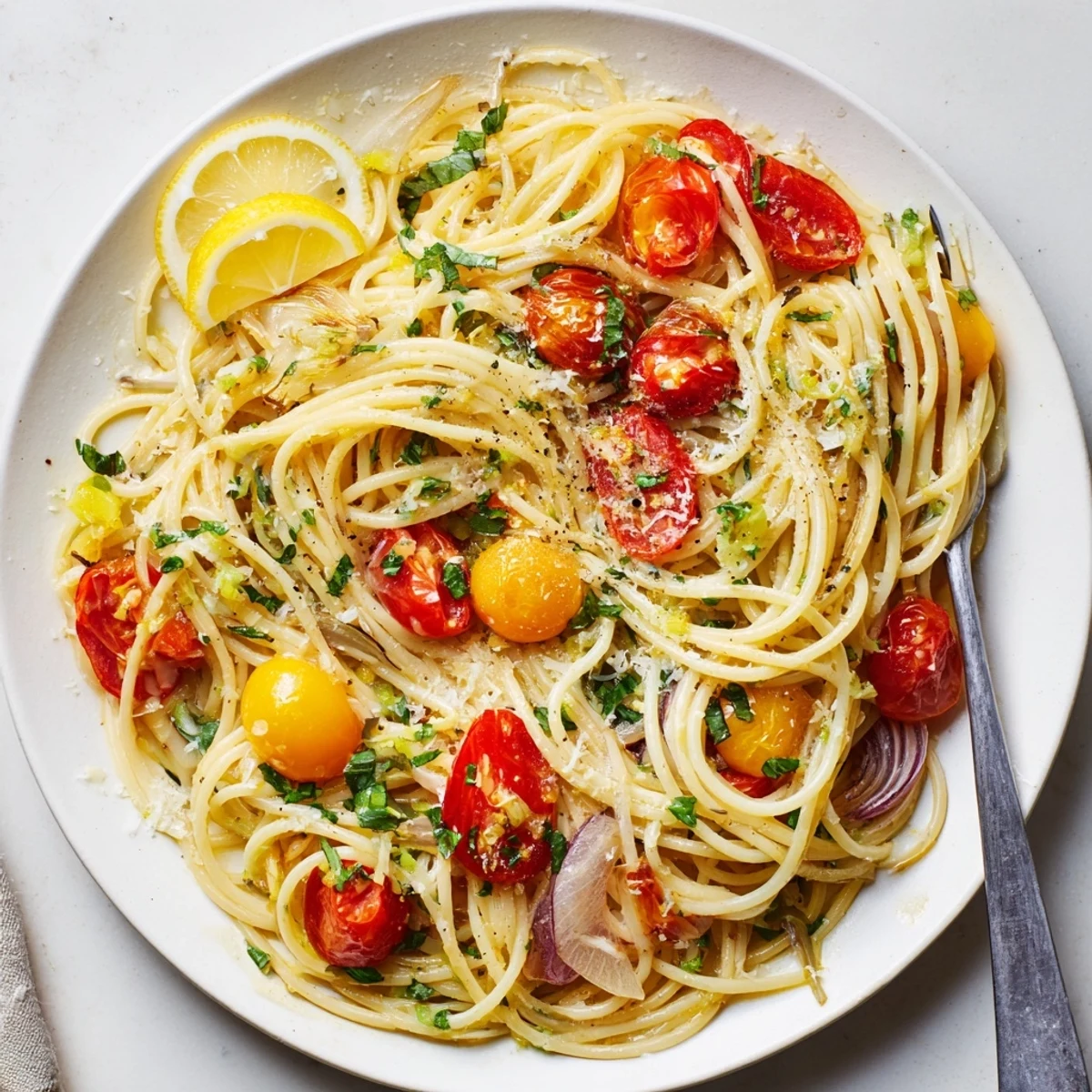 Zesty One-Pot Lemon Herb Pasta in a large bowl, topped with grated Parmesan and lemon slices.  
