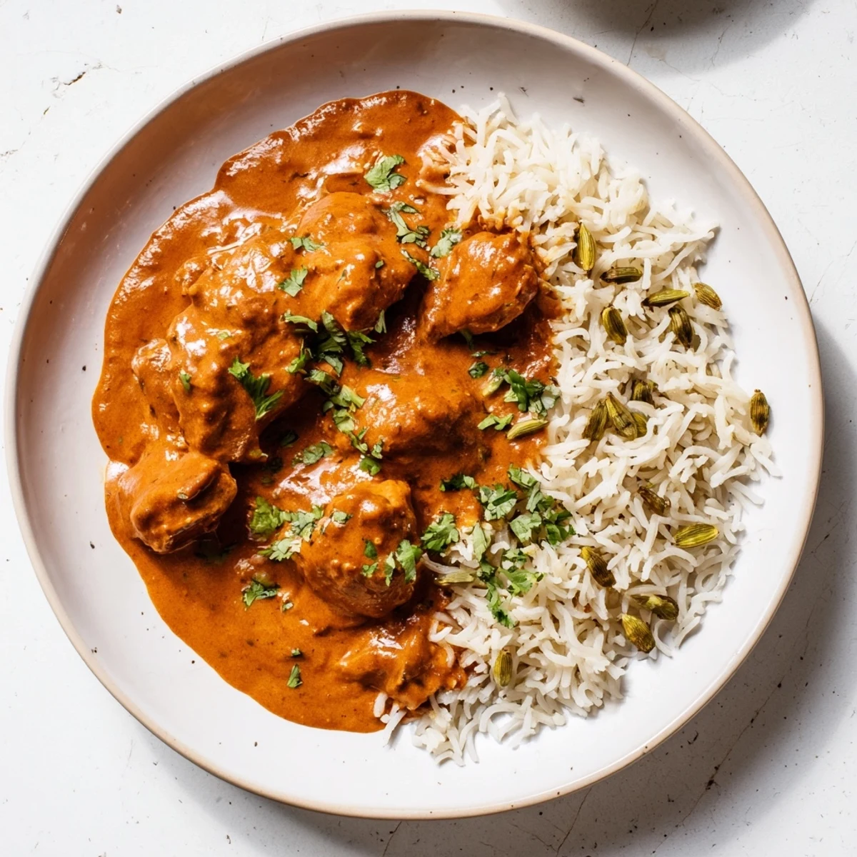 Butter Chicken alongside fluffy, golden rice pilaf, a creamy Indian dish ready to eat.