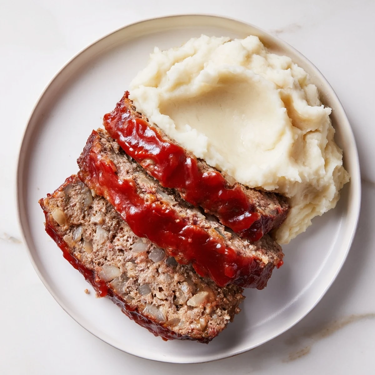 A delicious close-up of hearty Classic Meatloaf & Mashed Potatoes, perfect for a cozy family meal.