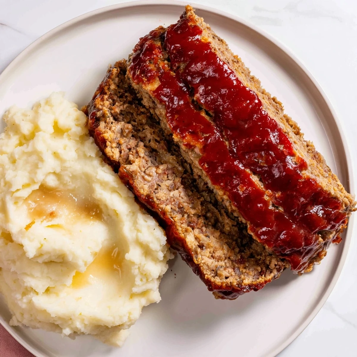 Enjoy a slice of juicy Classic Meatloaf & Mashed Potatoes, a classic American comfort food dinner.