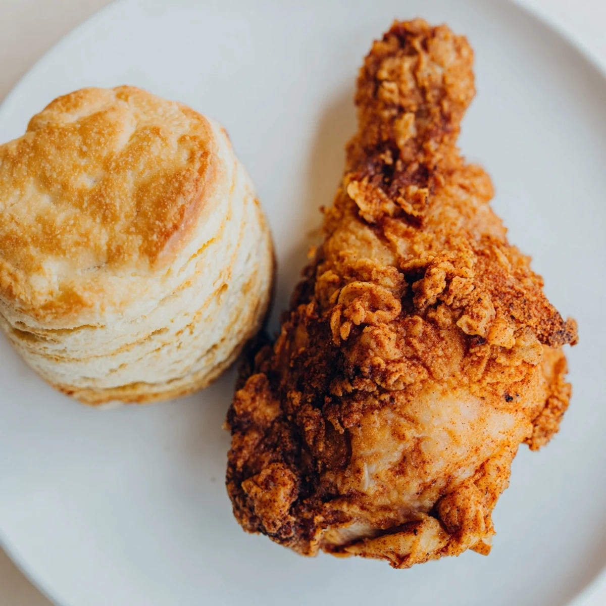 Golden-brown Southern Fried Chicken served alongside fluffy buttermilk biscuits, a delicious family meal.