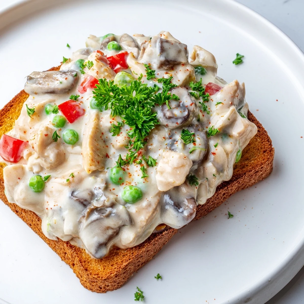 Picture a plate: flavorful Chicken à la King, simmering with peas, ladled onto buttered toast slices.