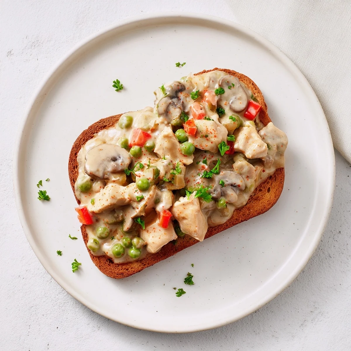 Rich Chicken à la King, visible with diced chicken and vegetables, spooned over crispy toast, ready to eat.