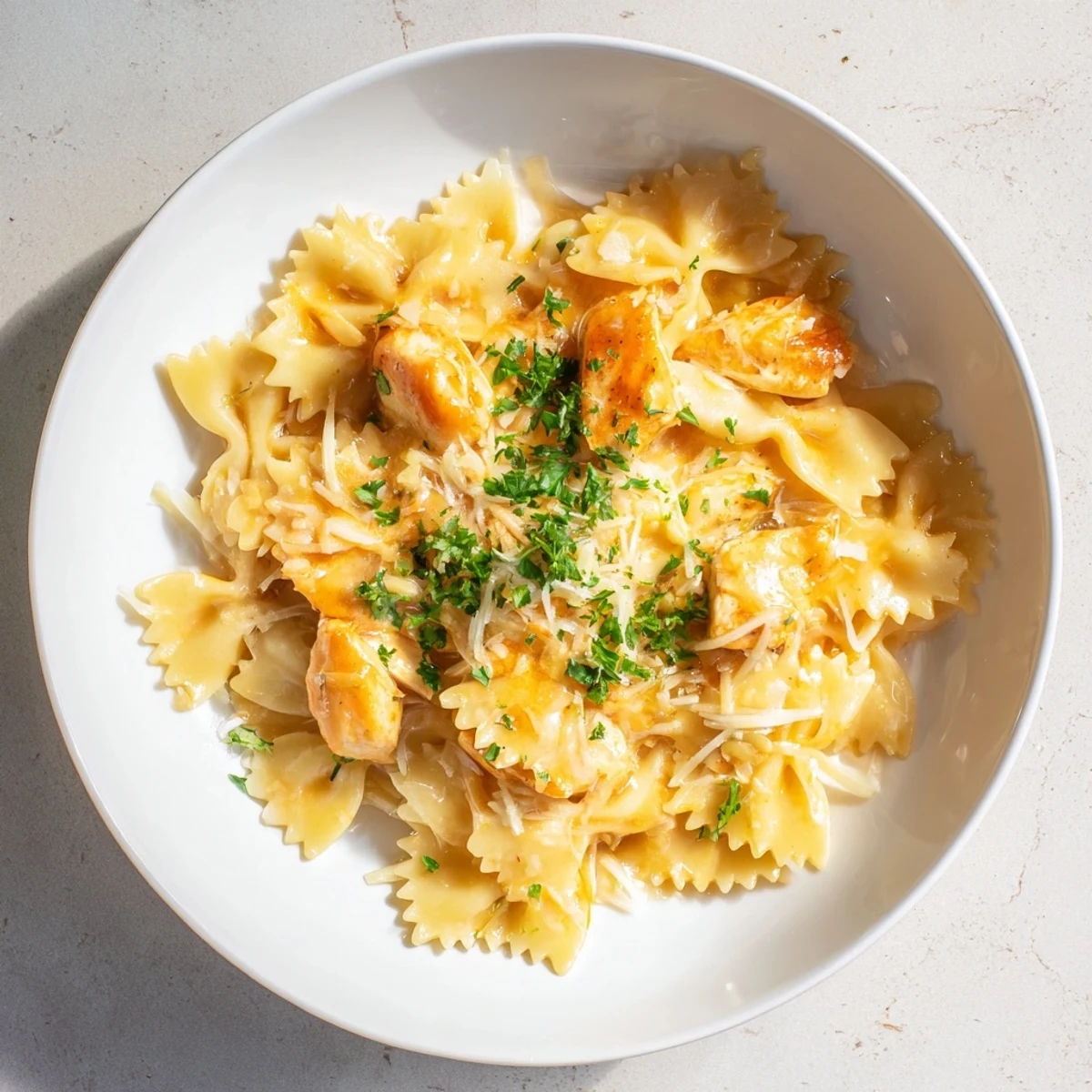 Creamy mozzarella garlic butter chicken bowties, steaming and featuring melted cheese, ready for serving.