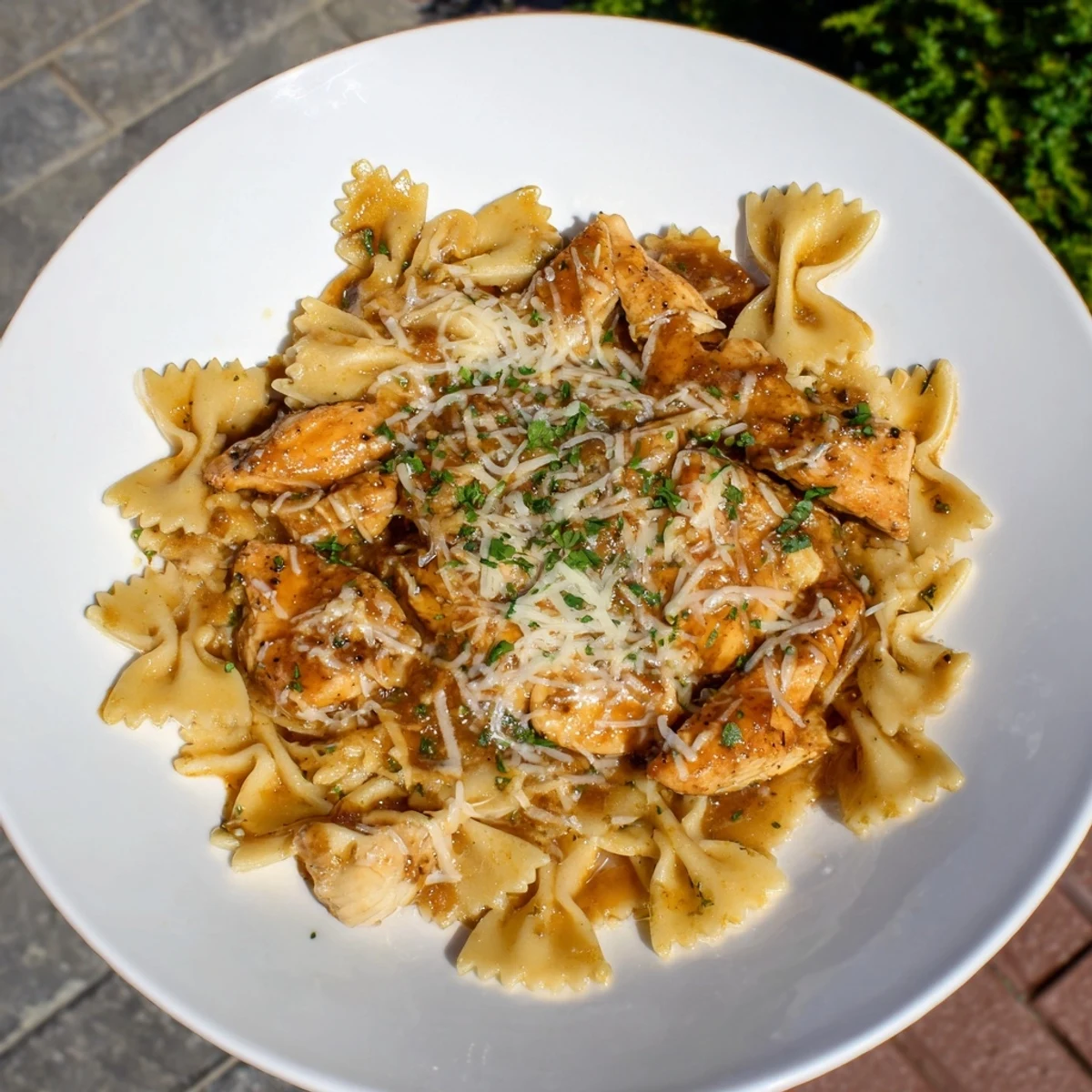 Mozzarella garlic butter chicken bowties with perfectly browned chicken and pasta, a satisfying Italian-American classic.