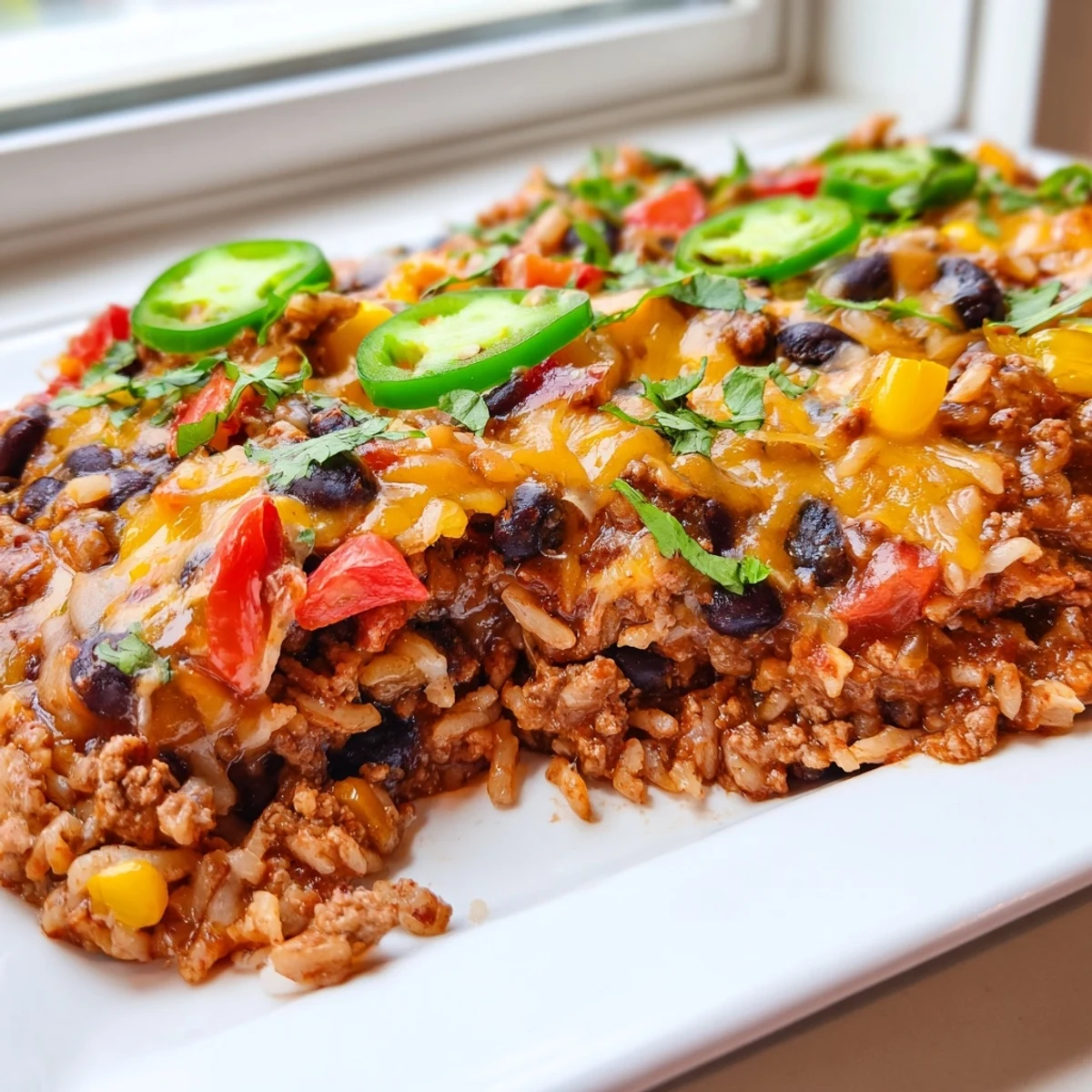Tex-Mex Beef & Rice Casserole bubbling hot, topped with melted cheese, promising a flavorful meal.