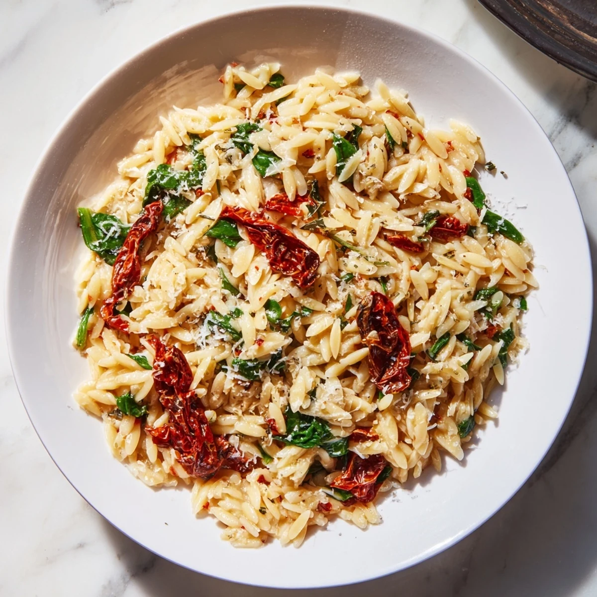 Creamy Tuscan Orzo Bowl with vibrant sun-dried tomatoes and spinach, ready to savor.