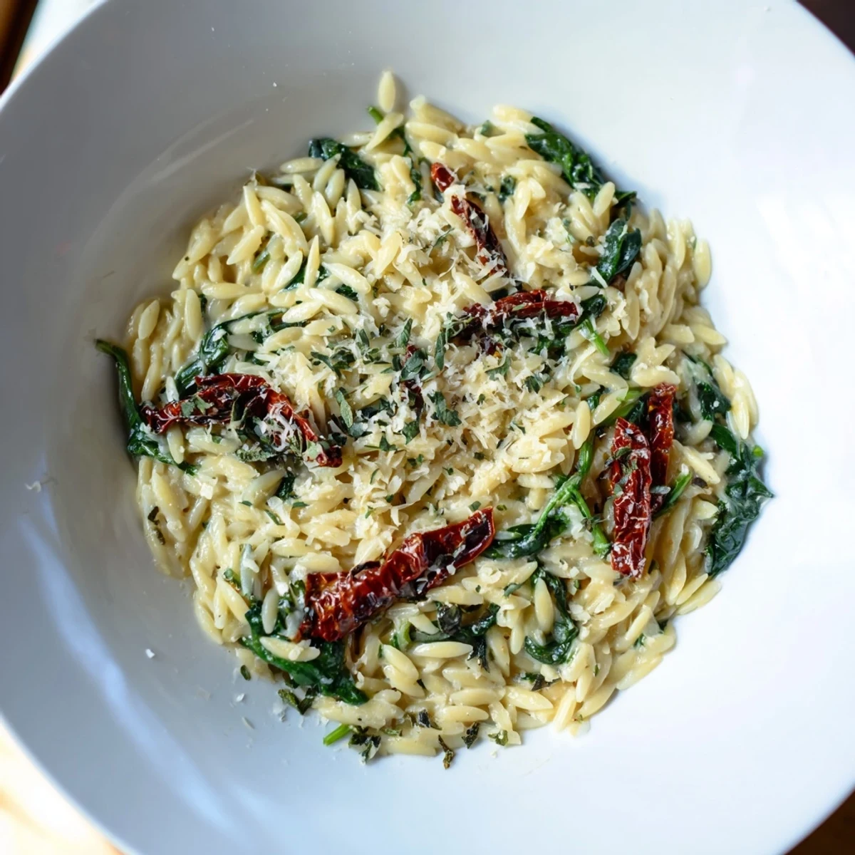 Enjoy a steaming bowl of Creamy Tuscan Orzo, a comforting Italian vegetarian dish.