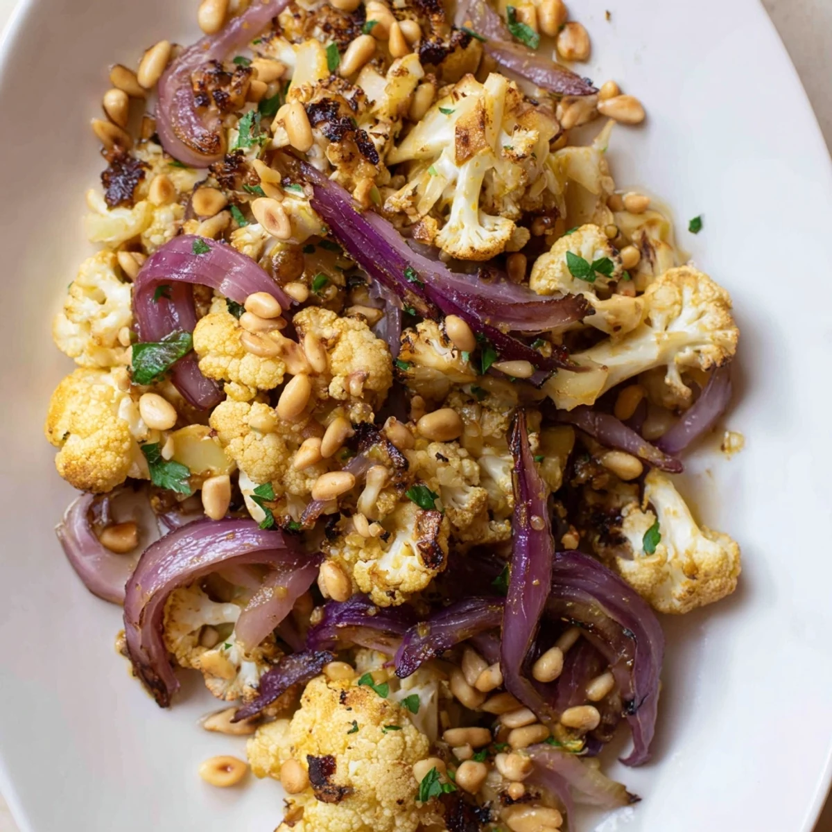 Golden-brown roasted cauliflower salad with lemon pine-nut dressing; a flavorful vegetarian meal.