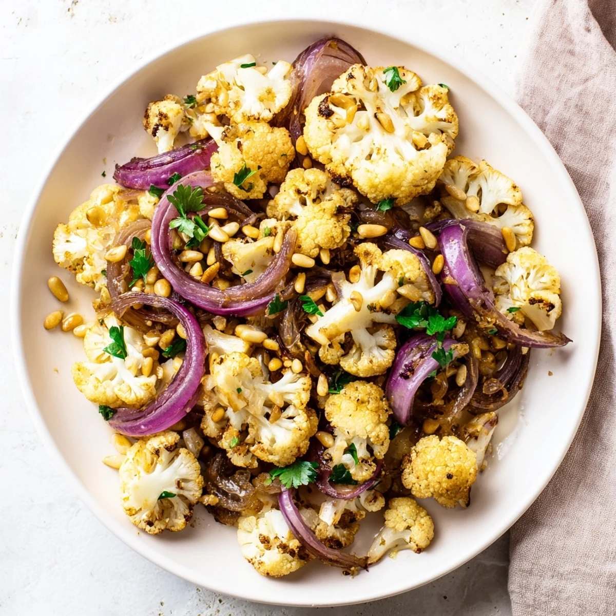 Freshly tossed roasted cauliflower and lemon pine-nut dressing salad, perfect for a Mediterranean taste.