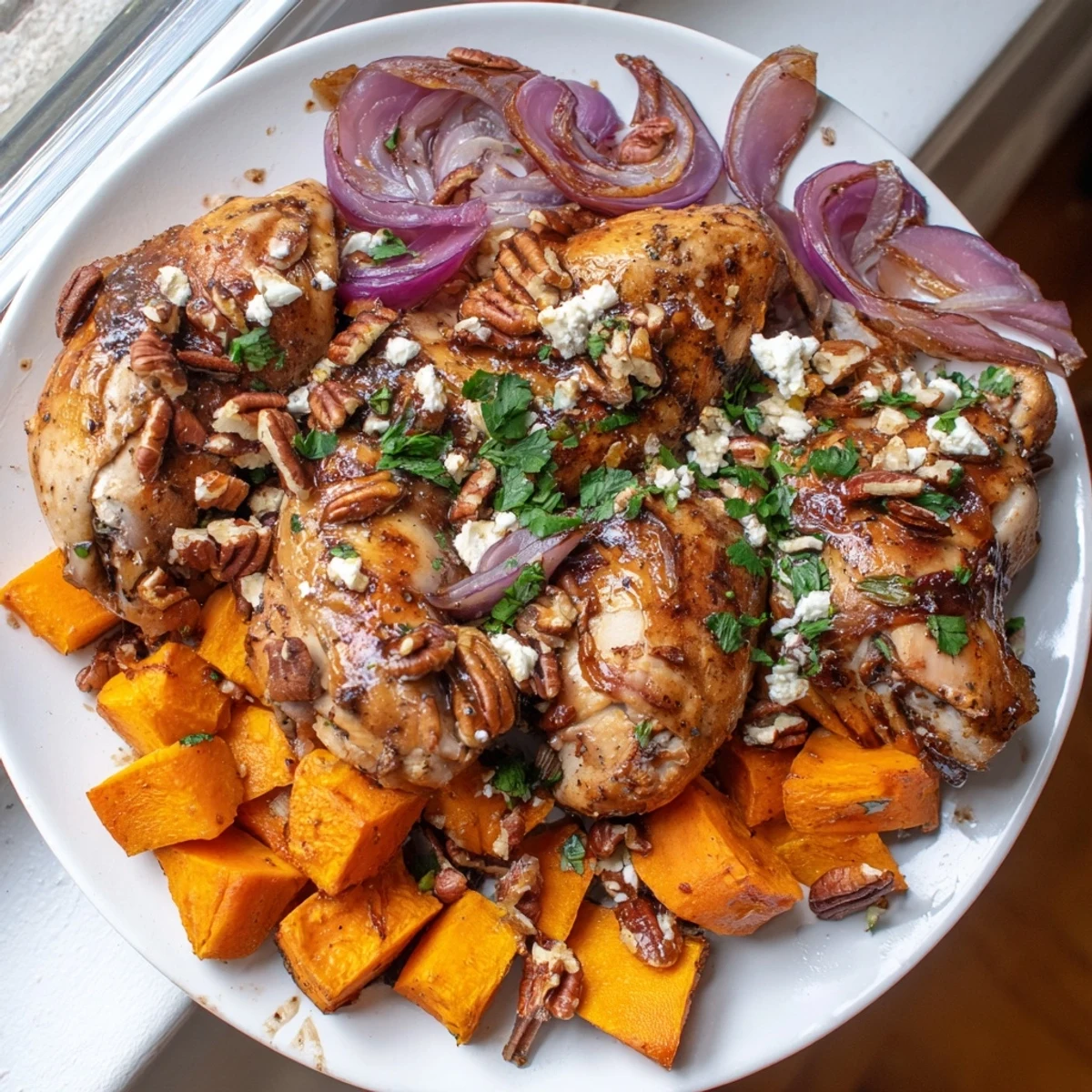 This sheet-pan Roasted Chicken & Winter Squash Salad features golden chicken, caramelized squash, and a zesty dressing.