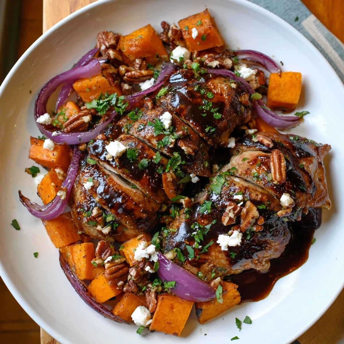 A close-up of the delicious Roasted Chicken & Winter Squash Sheet-Pan Salad, showing fresh greens and toasted pecans.