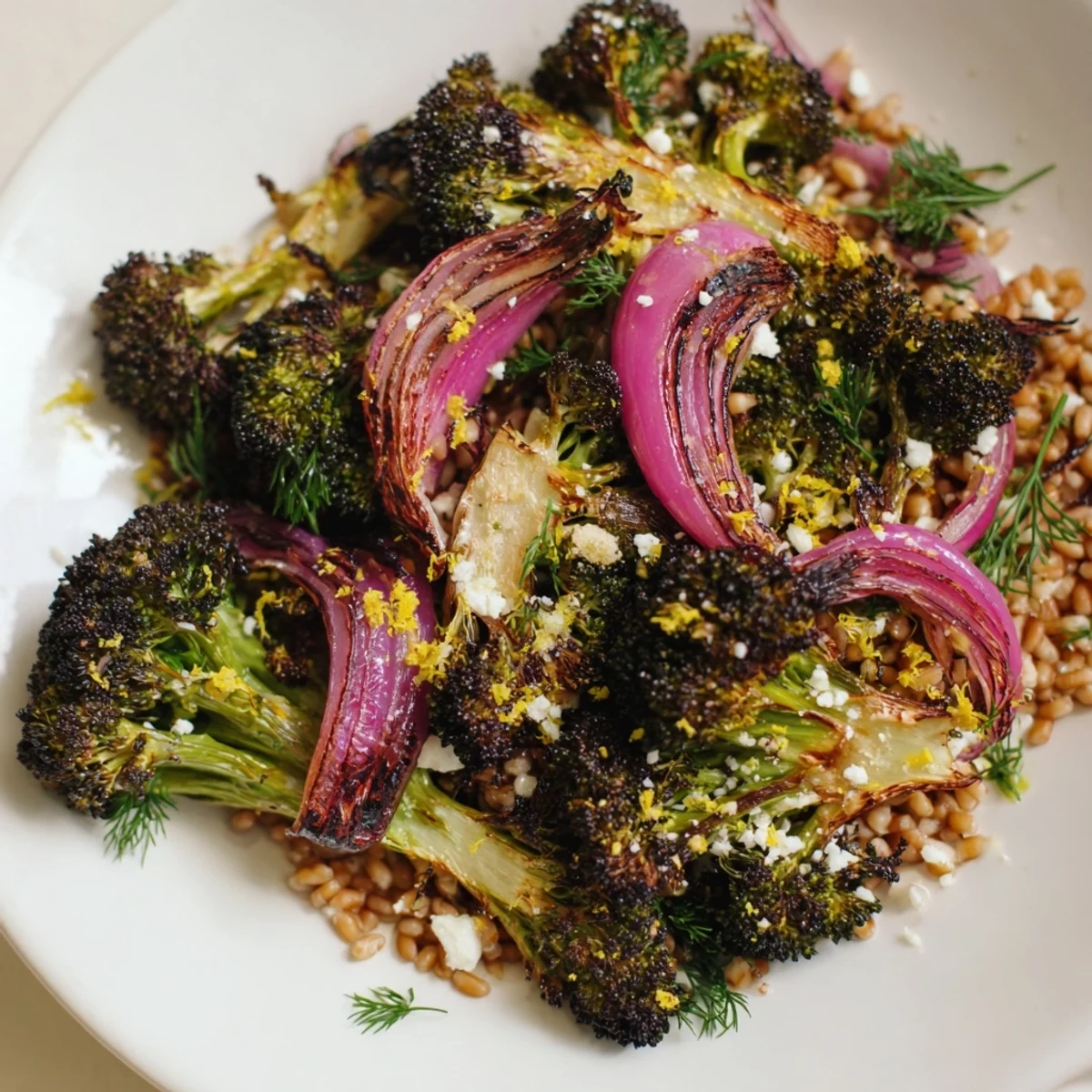 Golden roasted broccoli and zesty garlic-lemon dressing atop fluffy farro, a Warm Roasted Broccoli dish.