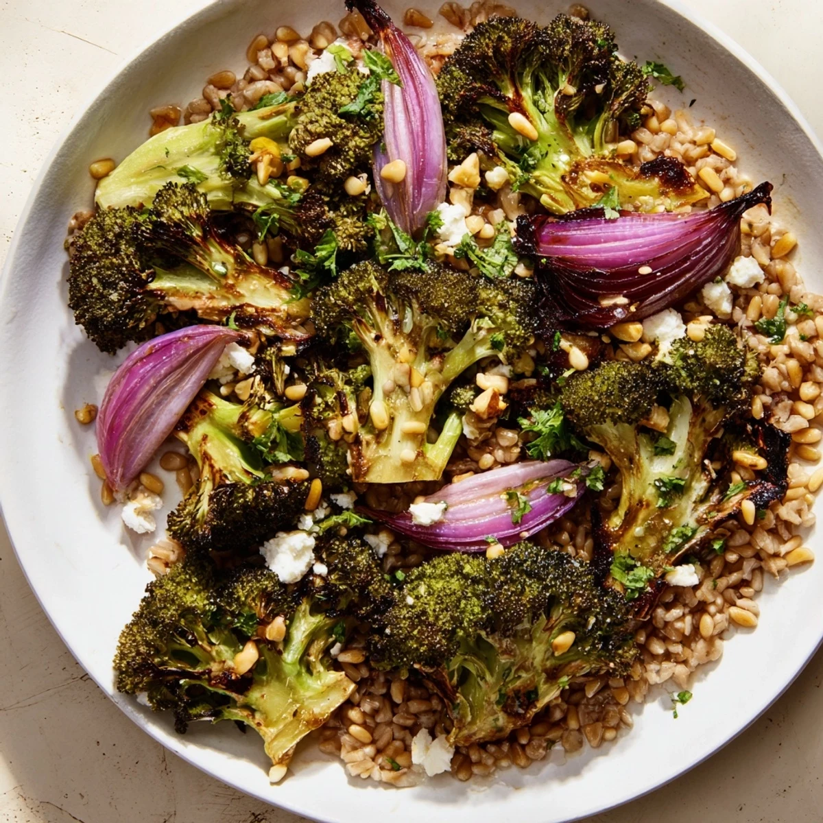 Vibrant image of Warm Roasted Broccoli with Garlic-Lemon & Farro Base, ready to serve and enjoy.