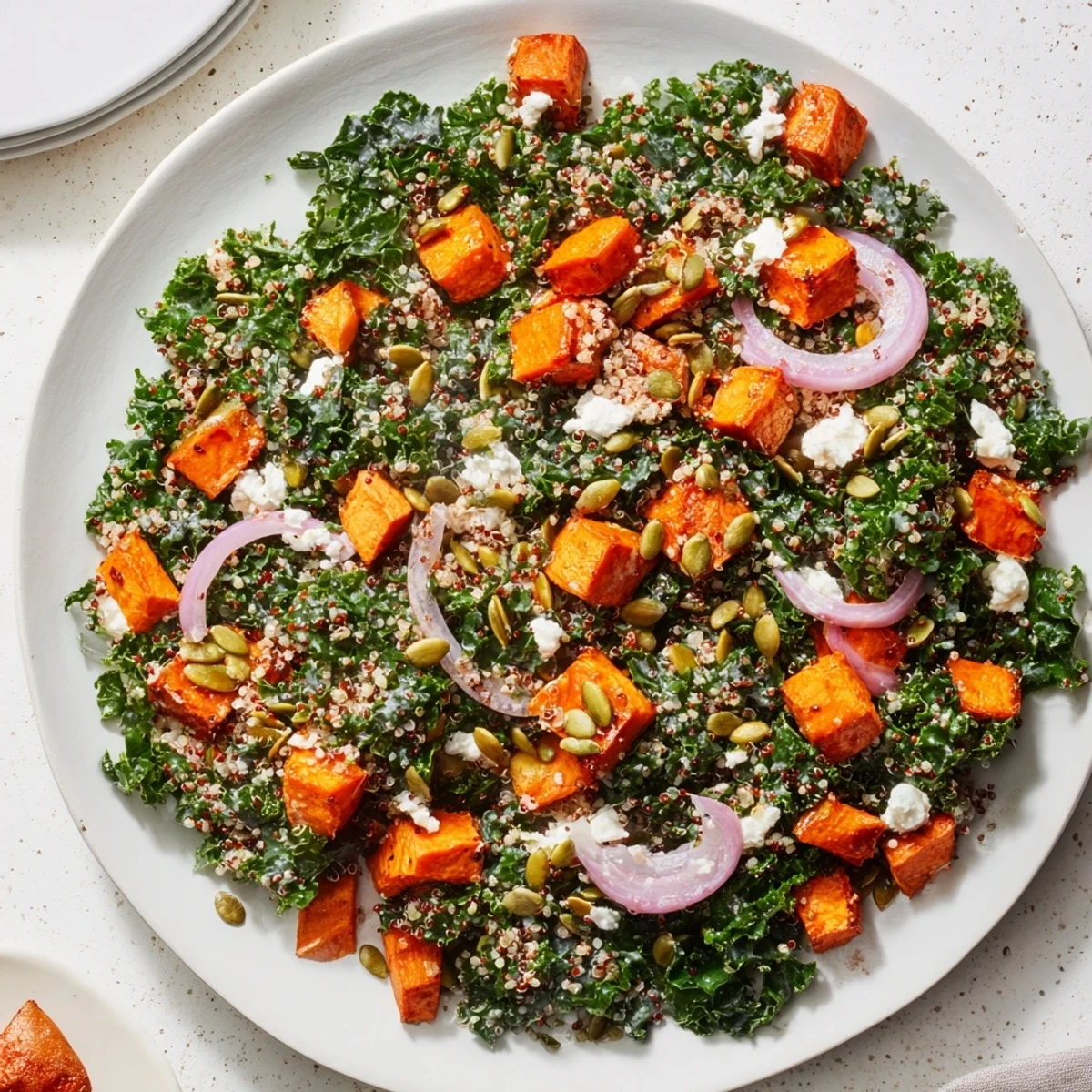 Plump roasted sweet potatoes and kale star in this vibrant Kale & Quinoa Salad.