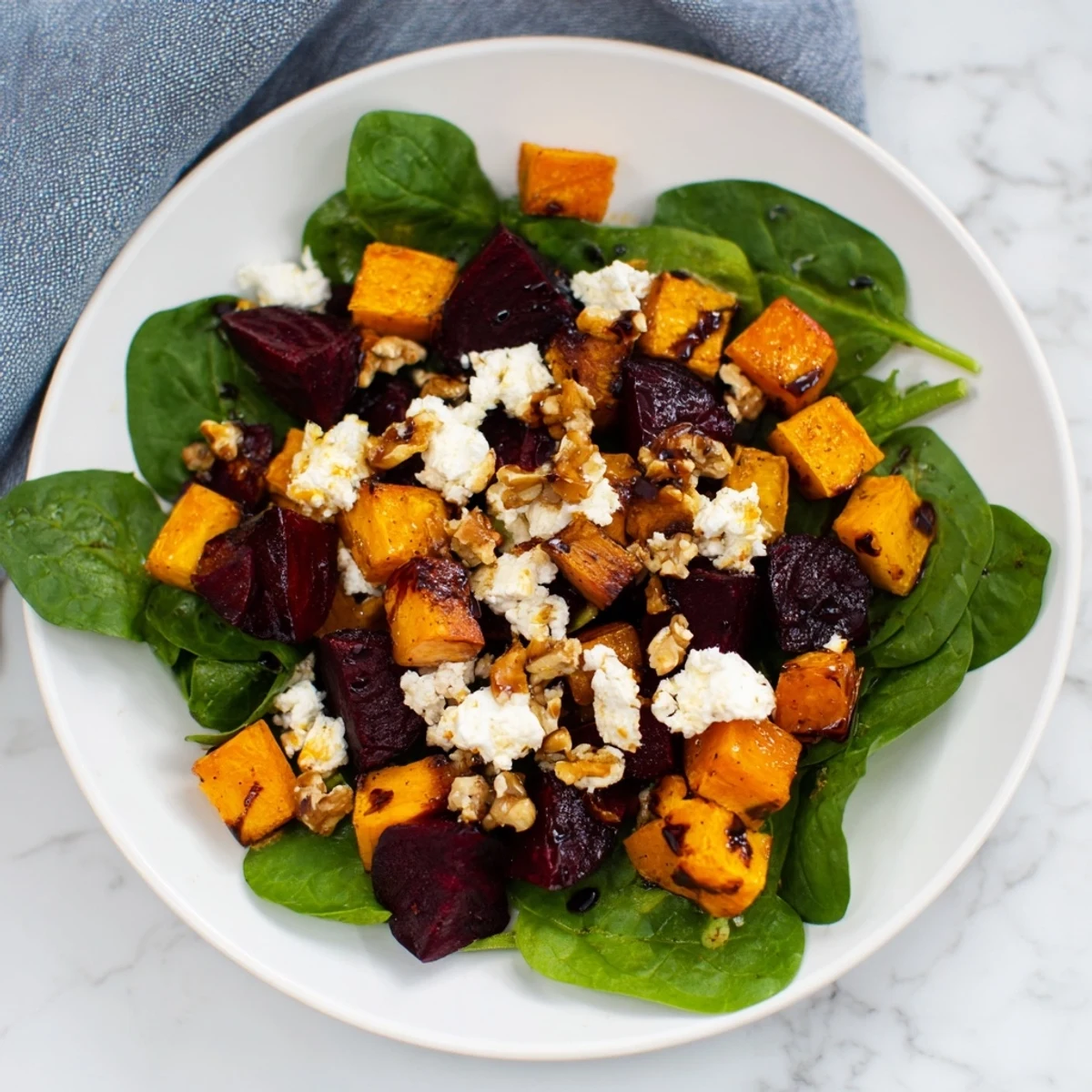 Roasted Beet, Butternut & Spinach Salad, a colorful vegetarian delight with crumbled goat cheese.
