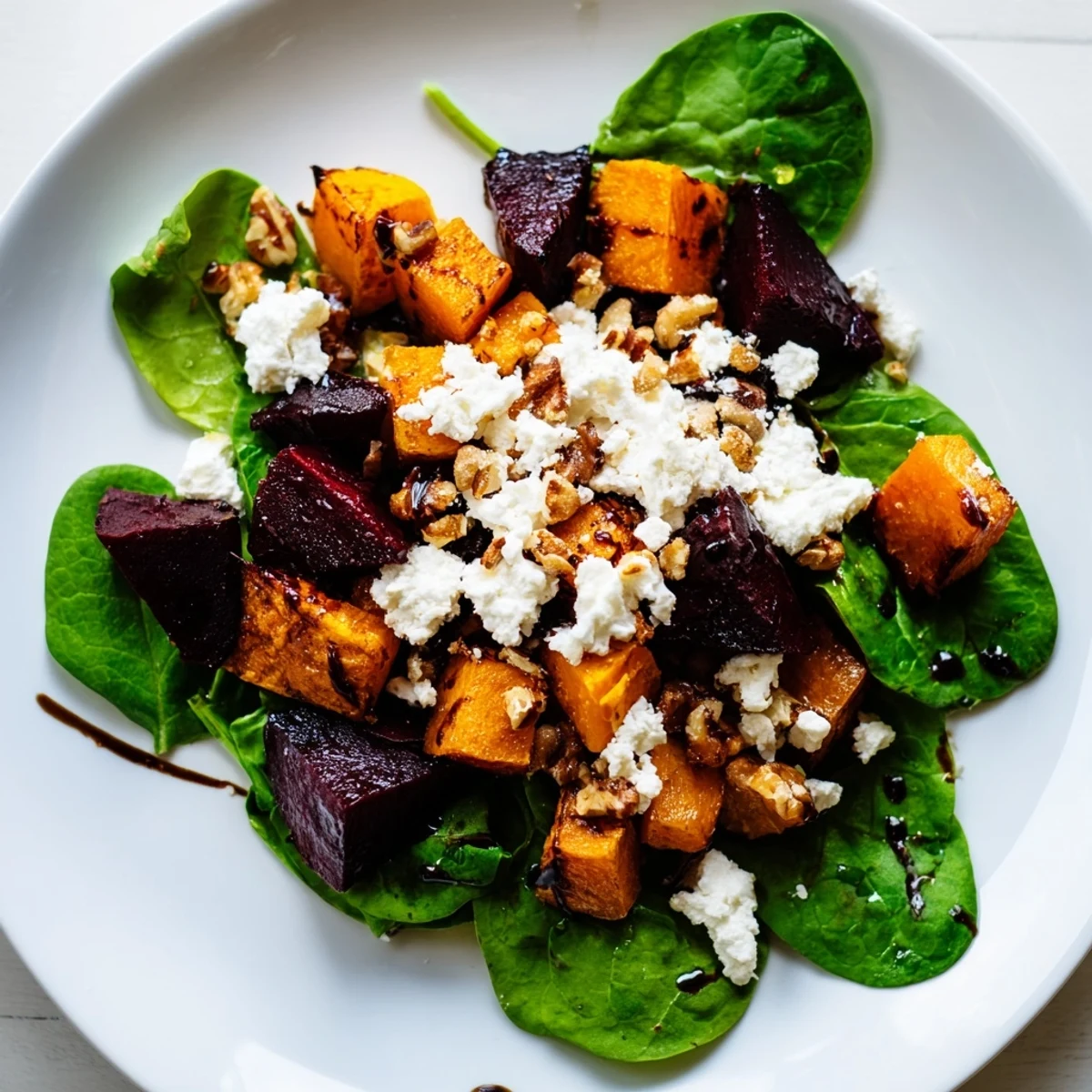 Bright and flavorful Roasted Beet, Butternut & Spinach Salad: a beautiful vegetarian lunch topped with walnuts.
