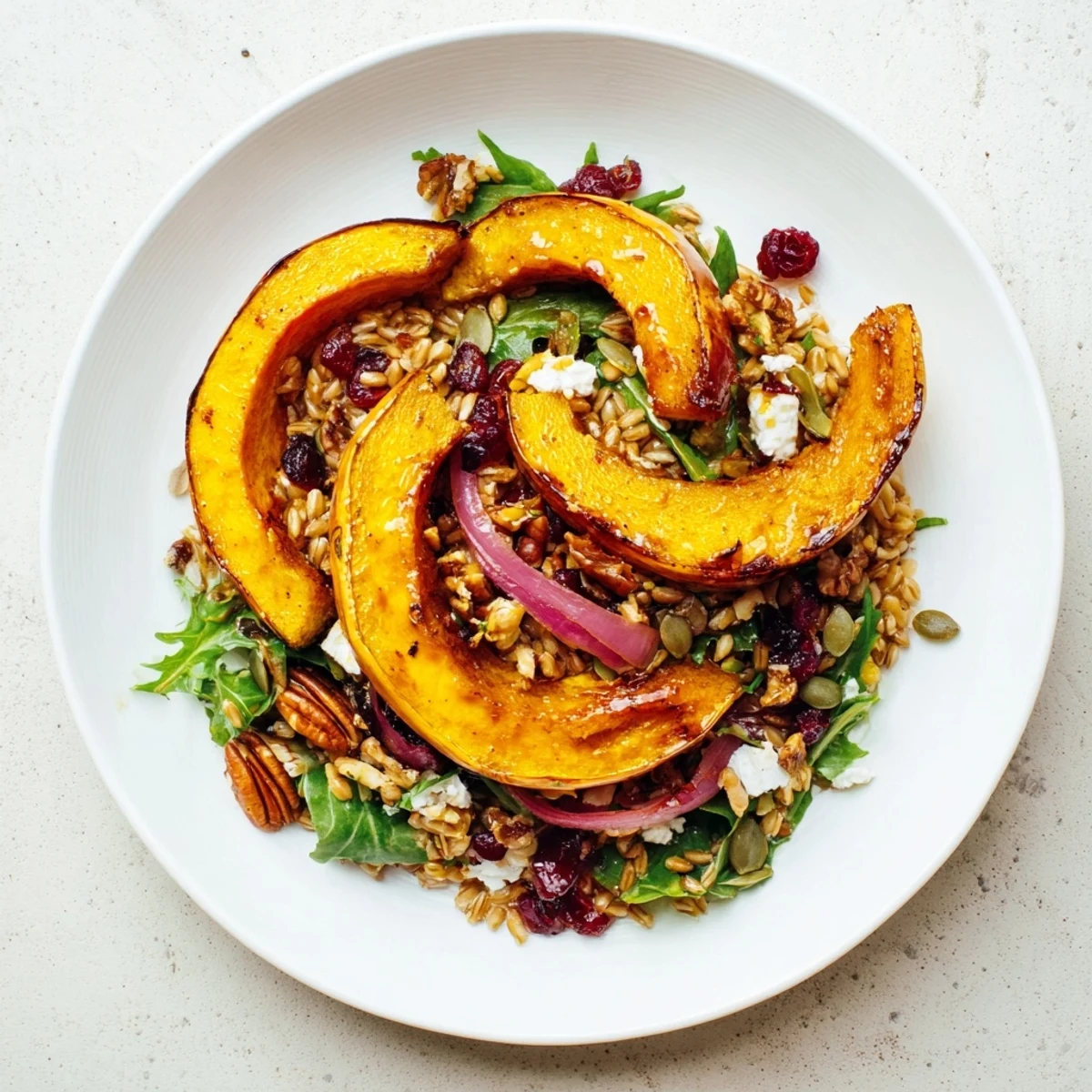 Golden wedges of maple-roasted acorn squash top the fresh Farro & Mustard Green Salad.