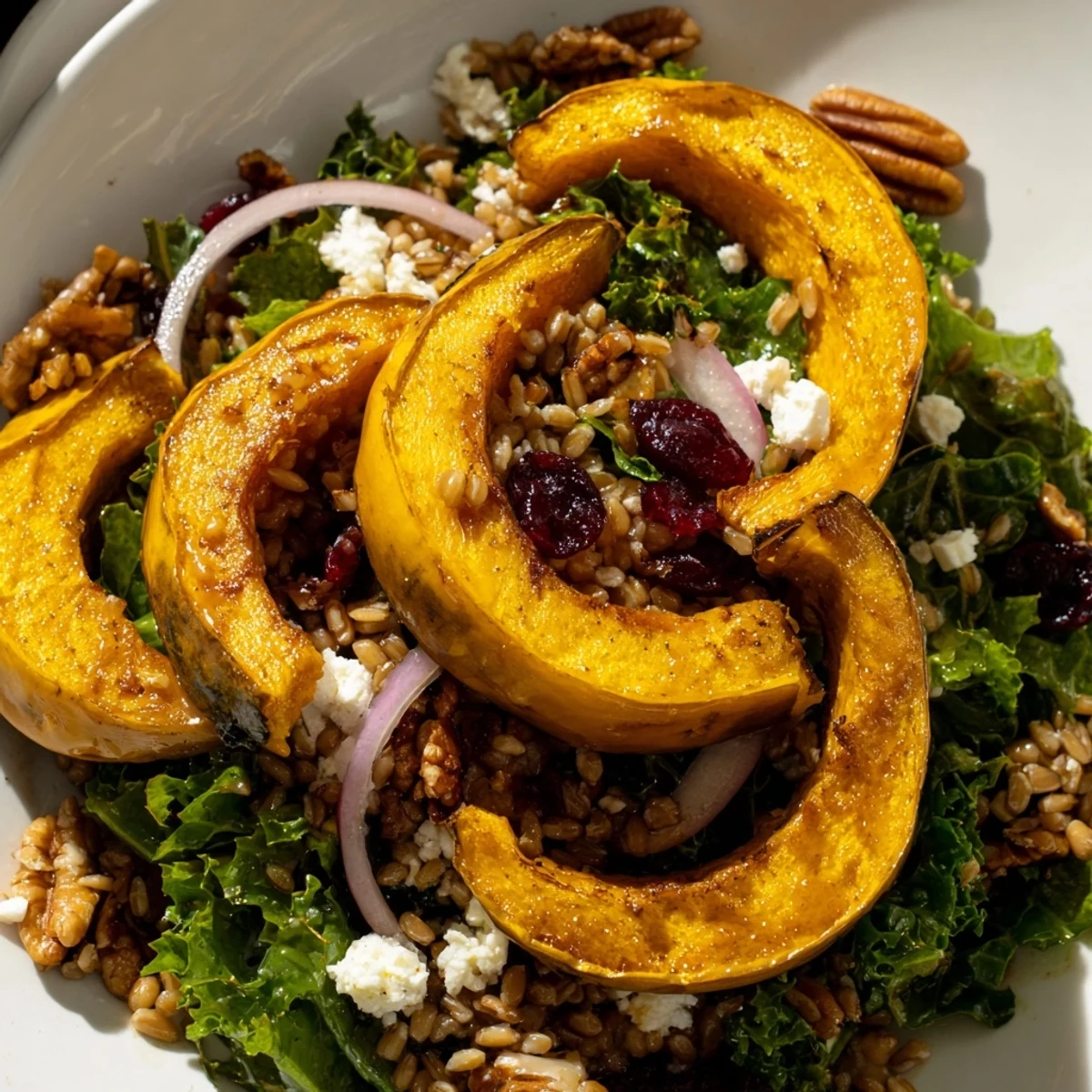 Imagine the colorful Farro & Mustard Green Salad, with roasted squash and delicious vinaigrette dressing.