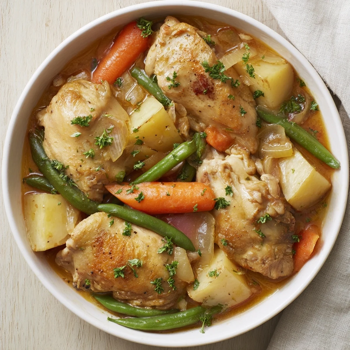A close-up shot of slow-cooker chicken & vegetable stew, inviting with seasoned broth and vibrant vegetables.