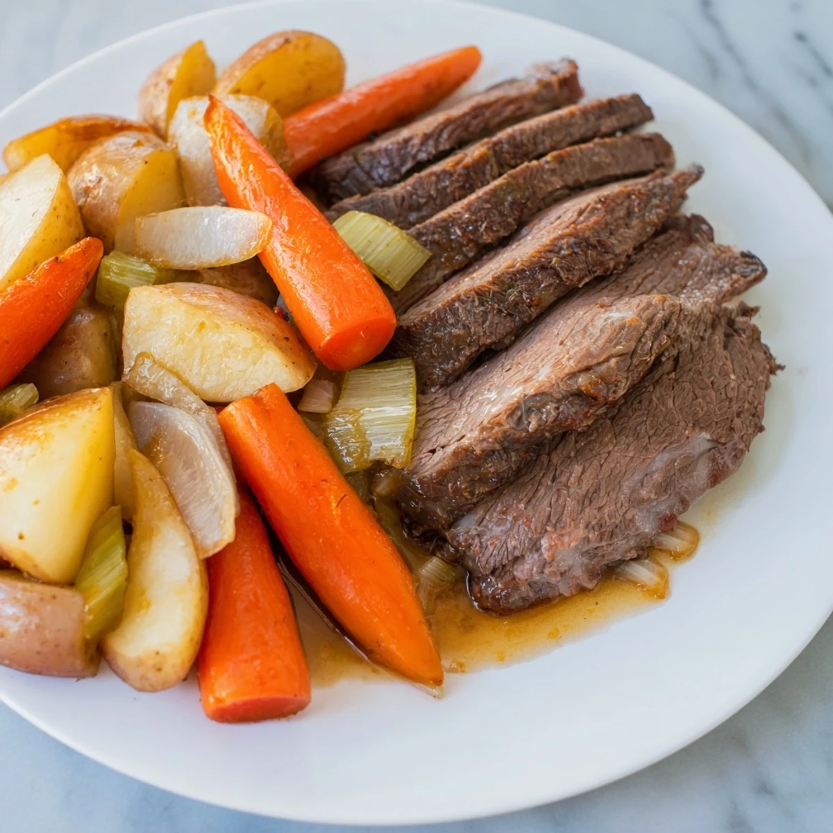 Tender Sunday Pot Roast with perfectly roasted vegetables, ready to serve and enjoy.