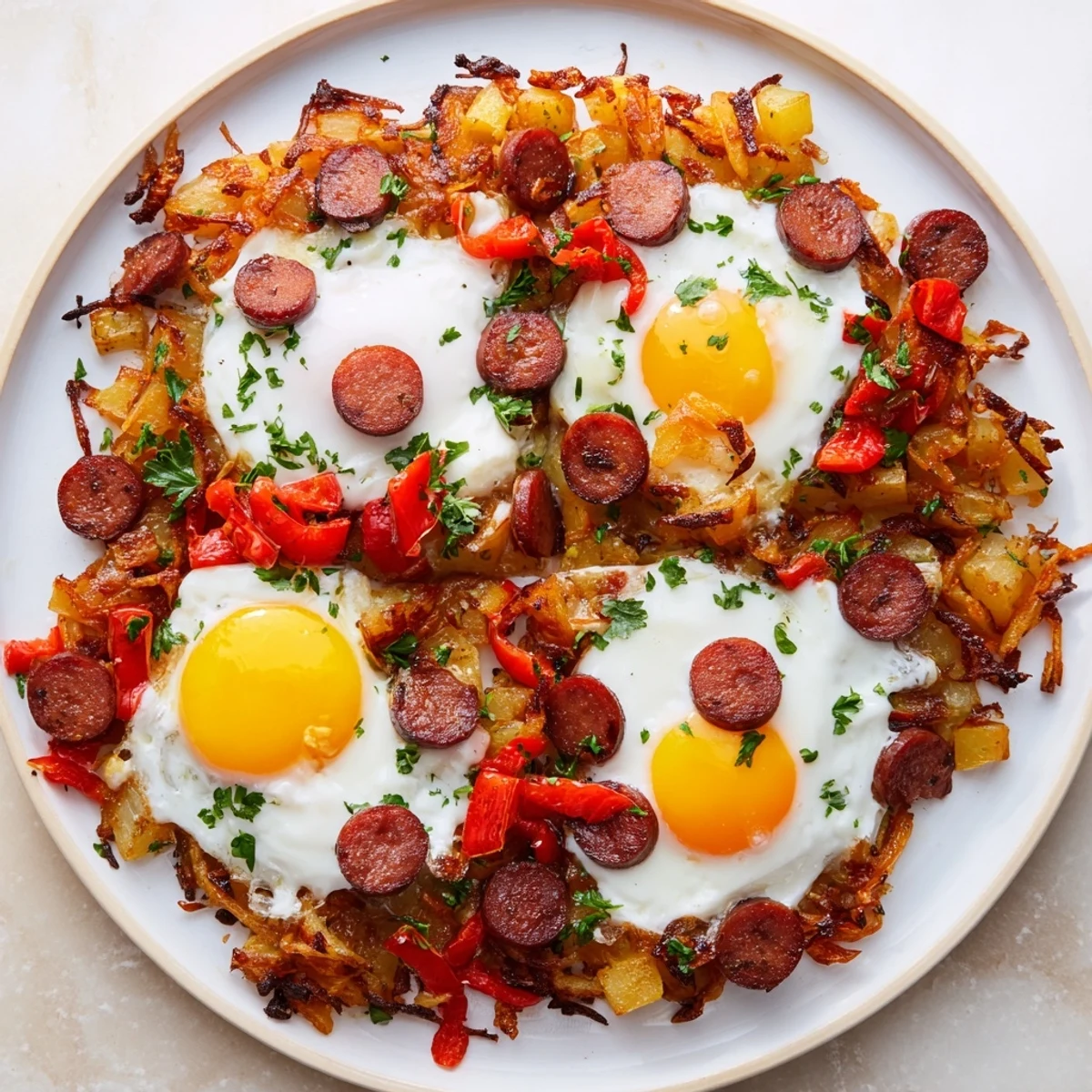 Golden, crispy potato and egg hash with hot dogs, a simple American breakfast skillet.