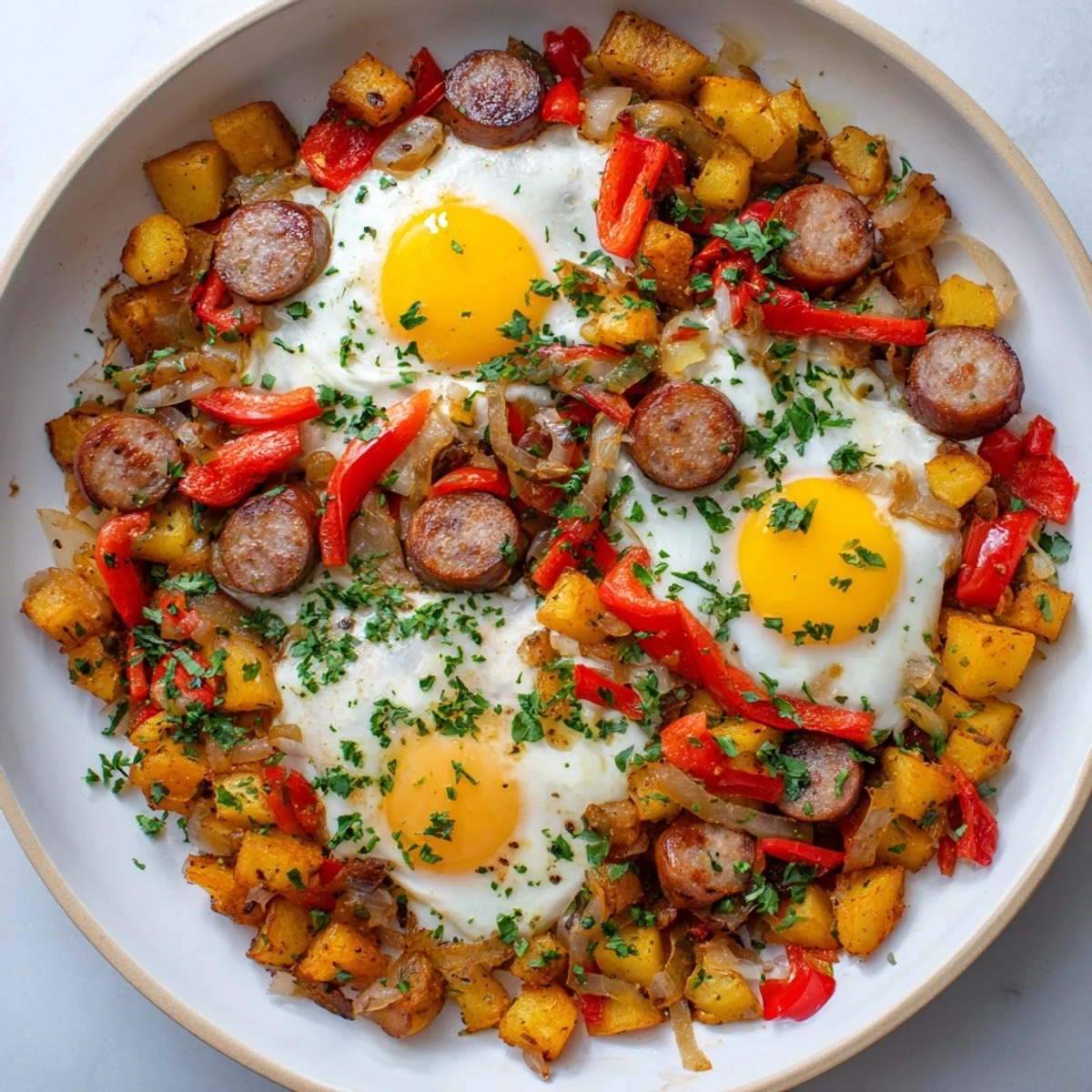 Savory Egg & Potato Hash with chopped hot dogs, complete with perfect sunny-side-up eggs.