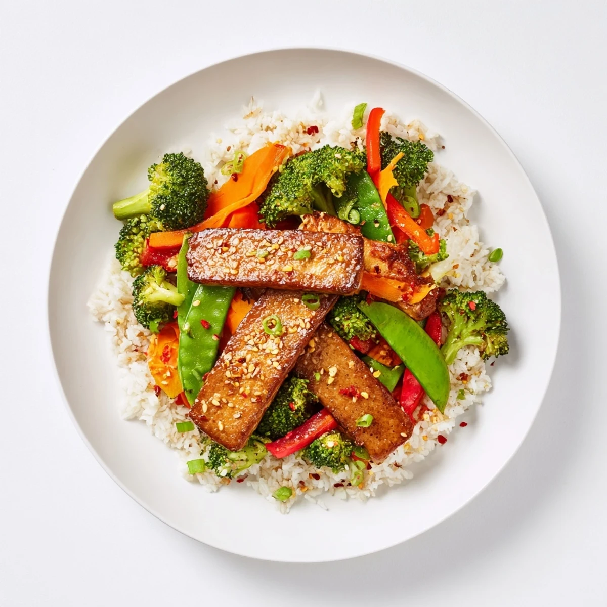 A complete plate of Pressed Tofu Steaks: crispy tofu, fresh vegetables, and rice are all pictured together.