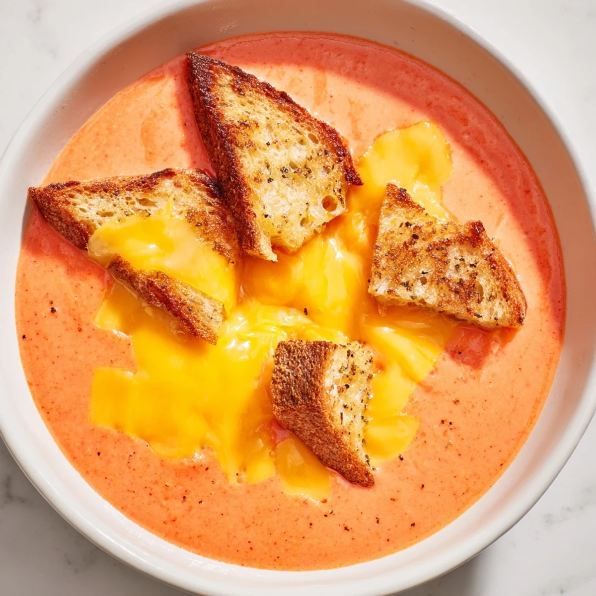 A warm bowl of 5-Ingredient Tomato Soup beside perfect golden grilled cheese for dipping.