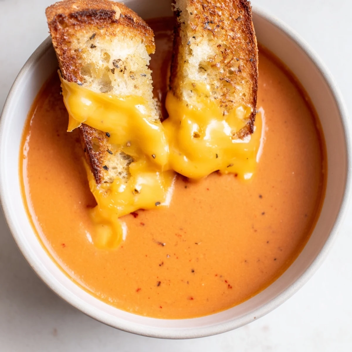 Melted cheddar oozes from the grilled cheese ready to dunk in the vibrant 5-Ingredient Tomato Soup.